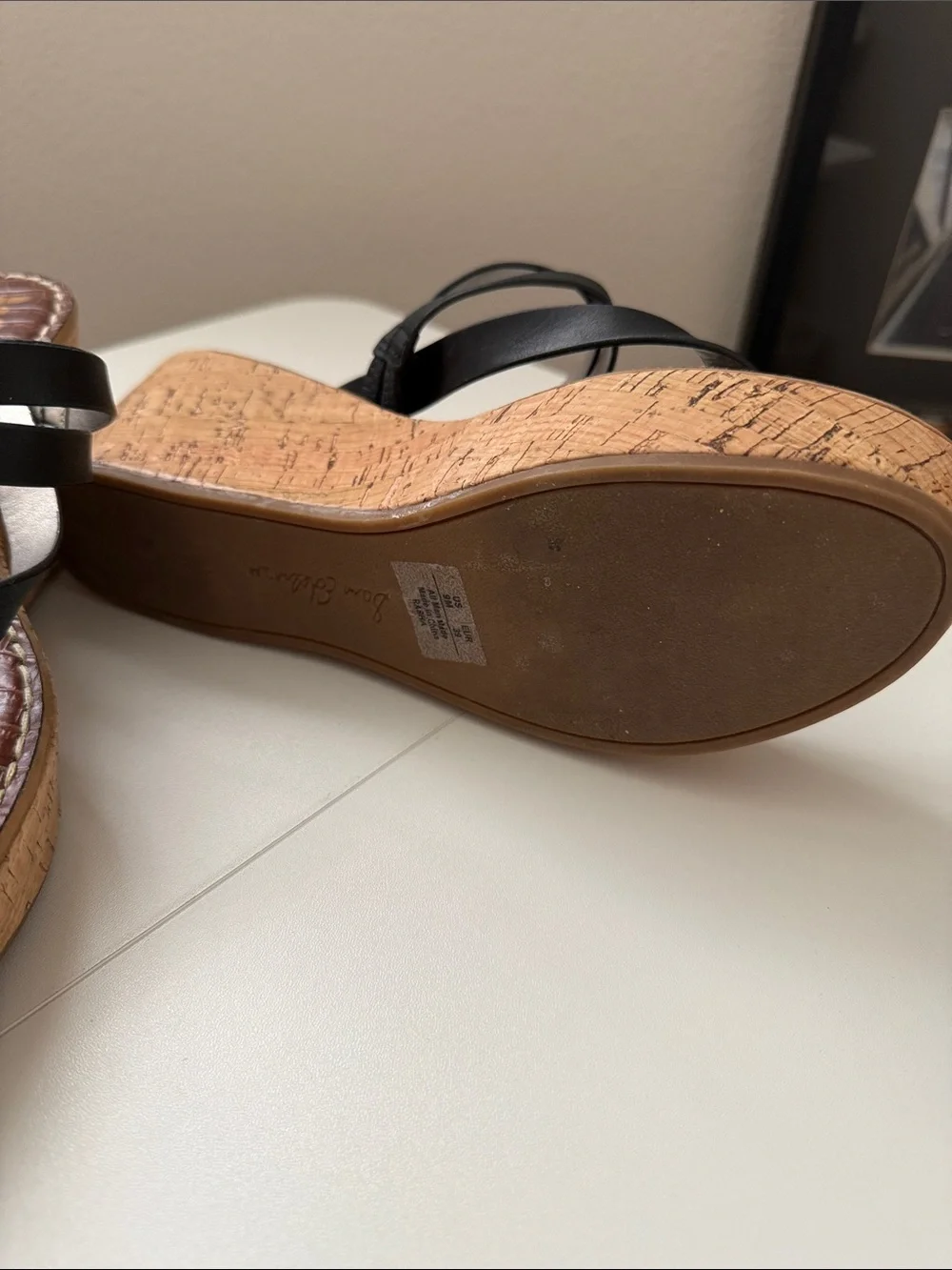 Sam Edelman Black Strappy Wedge Sandals with Brown Footbed